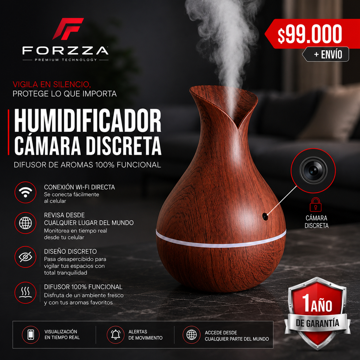 Cámara discreta | Humidificador | 1080P | 12 meses garantía